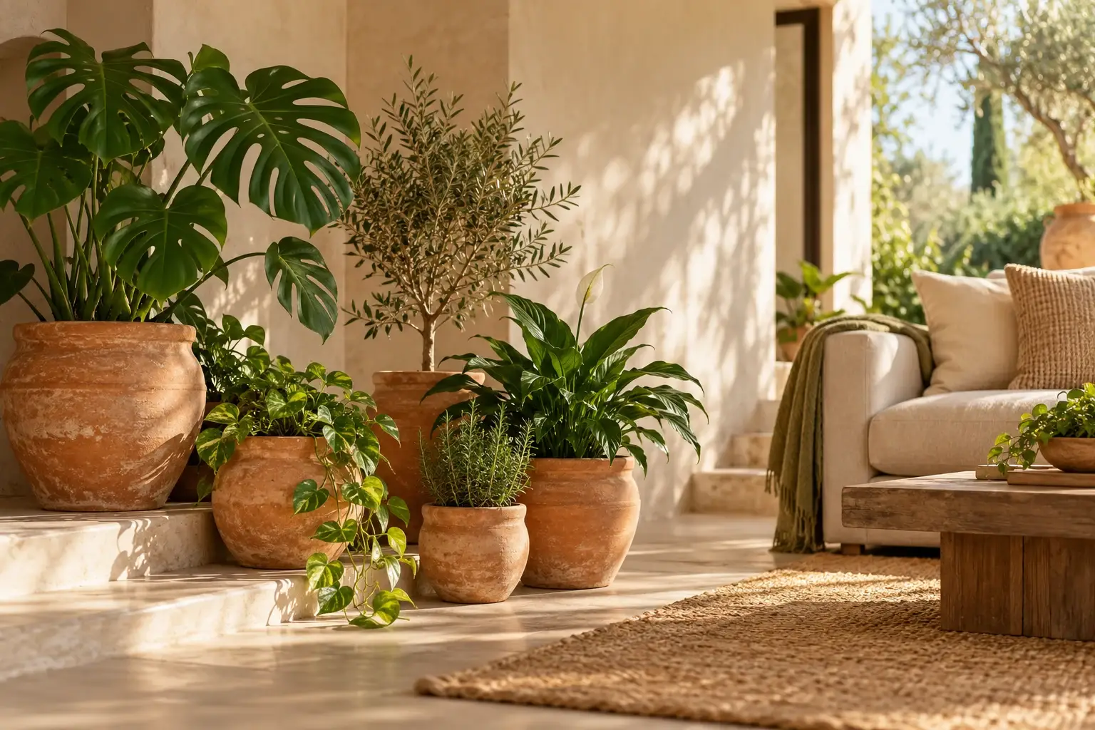 Vasos de barro com plantas de interior